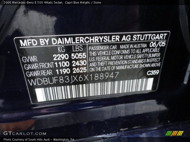 2006 E 500 4Matic Sedan Capri Blue Metallic Color Code 359
