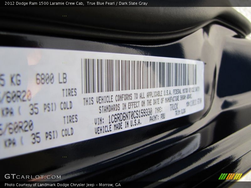 True Blue Pearl / Dark Slate Gray 2012 Dodge Ram 1500 Laramie Crew Cab