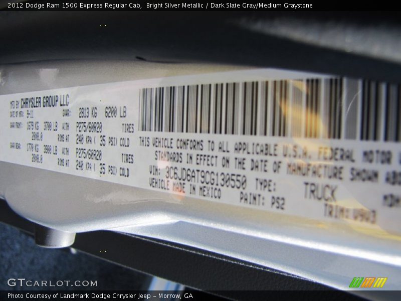 Bright Silver Metallic / Dark Slate Gray/Medium Graystone 2012 Dodge Ram 1500 Express Regular Cab
