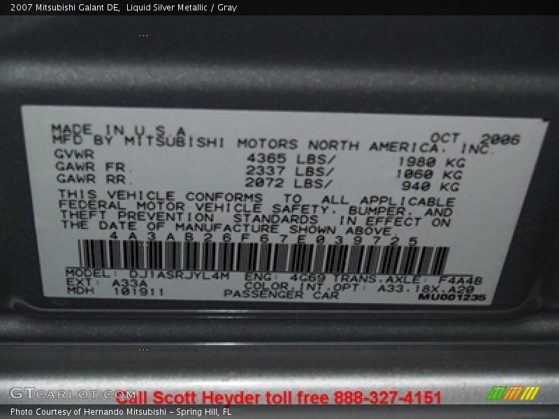 Liquid Silver Metallic / Gray 2007 Mitsubishi Galant DE