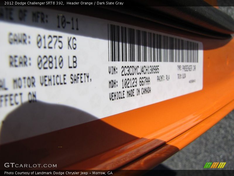 2012 Challenger SRT8 392 Header Orange Color Code PL4