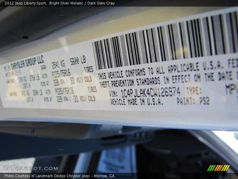Bright Silver Metallic / Dark Slate Gray 2012 Jeep Liberty Sport