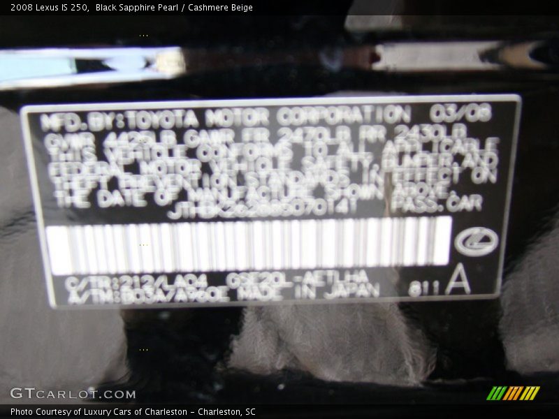 Black Sapphire Pearl / Cashmere Beige 2008 Lexus IS 250