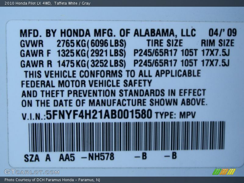 Taffeta White / Gray 2010 Honda Pilot LX 4WD
