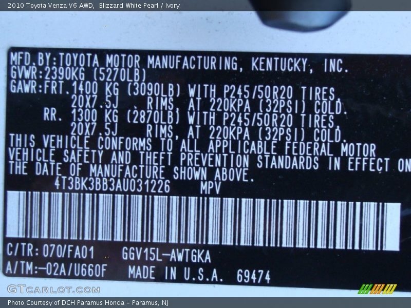 Blizzard White Pearl / Ivory 2010 Toyota Venza V6 AWD