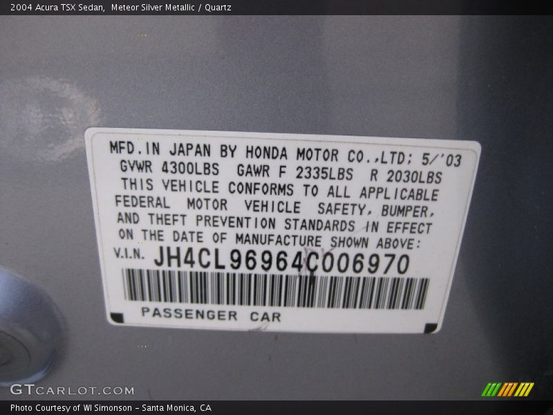 Info Tag of 2004 TSX Sedan