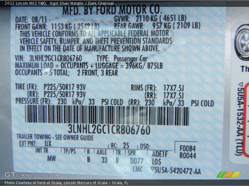 2012 MKZ FWD Ingot Silver Metallic Color Code UX