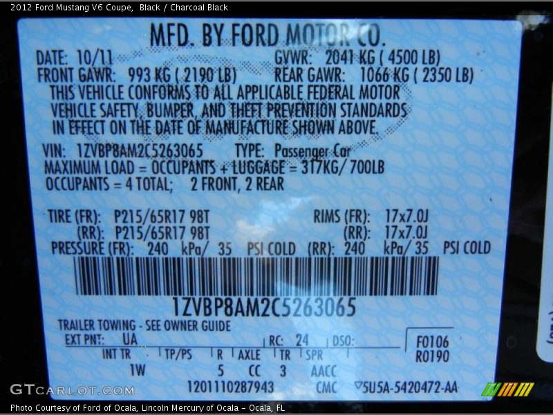 Black / Charcoal Black 2012 Ford Mustang V6 Coupe