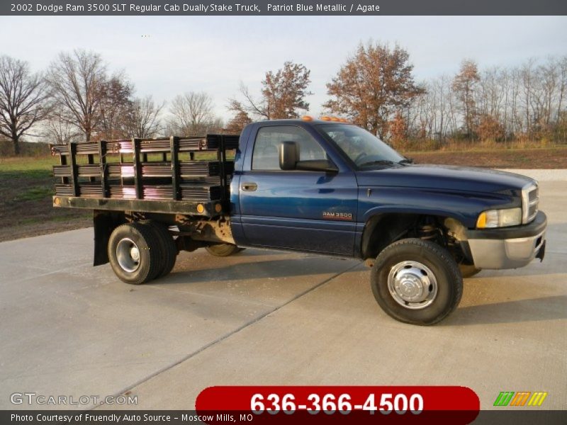 Patriot Blue Metallic / Agate 2002 Dodge Ram 3500 SLT Regular Cab Dually Stake Truck