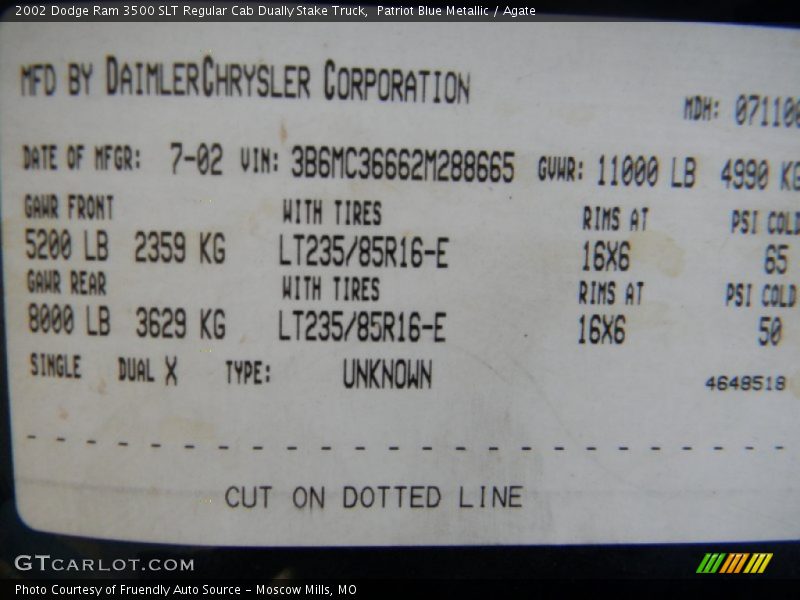 Patriot Blue Metallic / Agate 2002 Dodge Ram 3500 SLT Regular Cab Dually Stake Truck