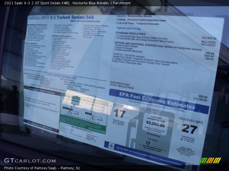  2011 9-3 2.0T Sport Sedan XWD Window Sticker