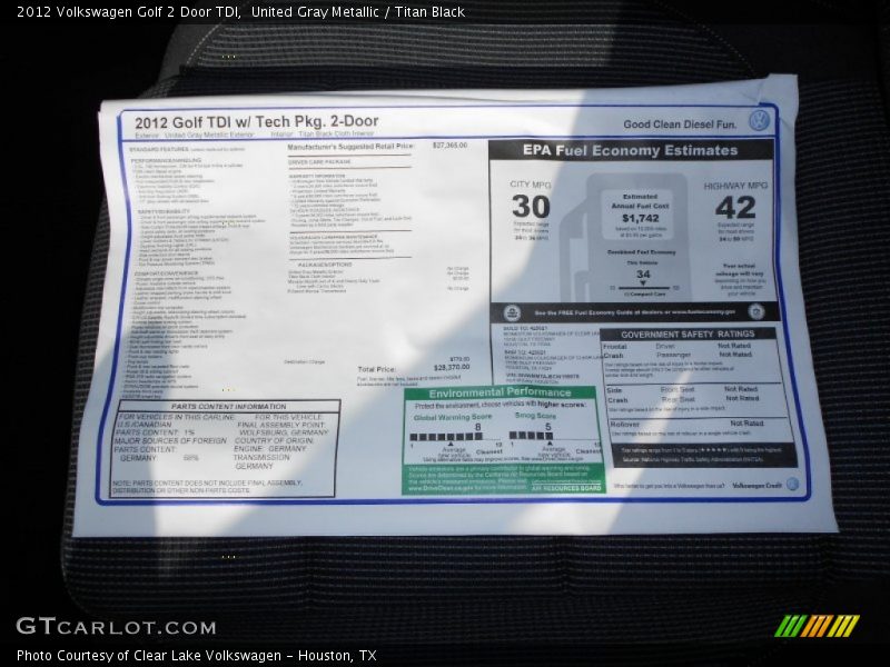  2012 Golf 2 Door TDI Window Sticker