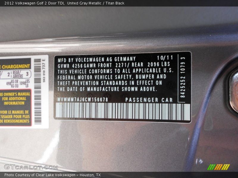 United Gray Metallic / Titan Black 2012 Volkswagen Golf 2 Door TDI