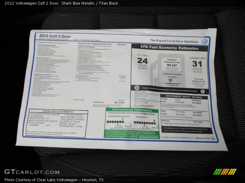  2012 Golf 2 Door Window Sticker