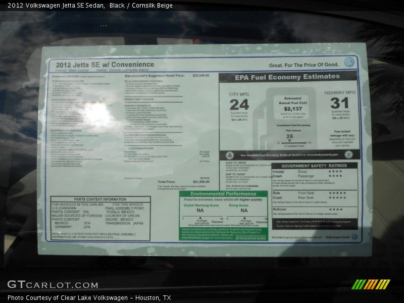 Black / Cornsilk Beige 2012 Volkswagen Jetta SE Sedan