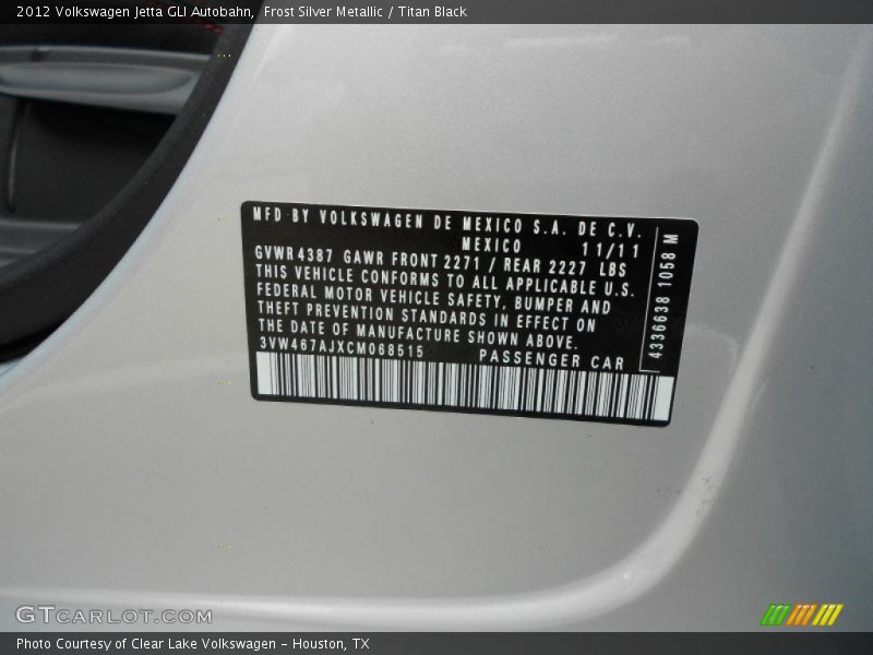 Frost Silver Metallic / Titan Black 2012 Volkswagen Jetta GLI Autobahn