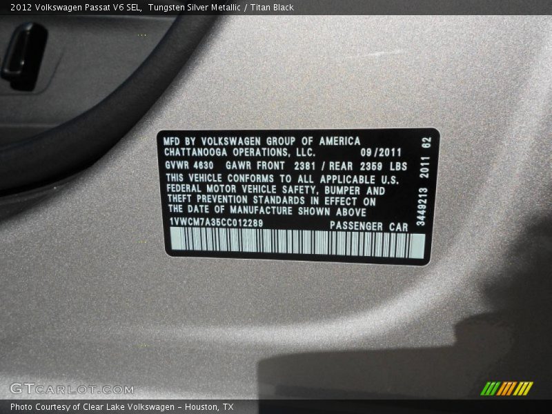 Tungsten Silver Metallic / Titan Black 2012 Volkswagen Passat V6 SEL