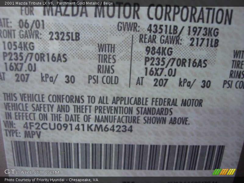 Parchment Gold Metallic / Beige 2001 Mazda Tribute LX V6