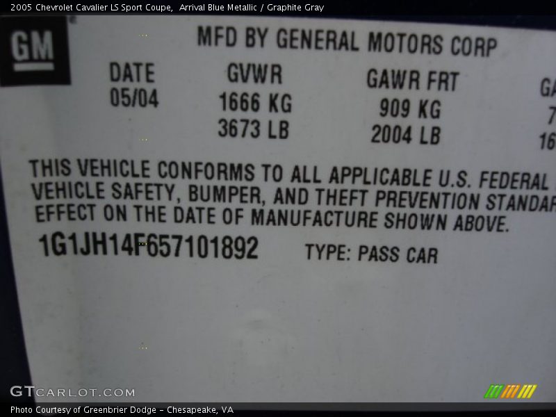 Arrival Blue Metallic / Graphite Gray 2005 Chevrolet Cavalier LS Sport Coupe