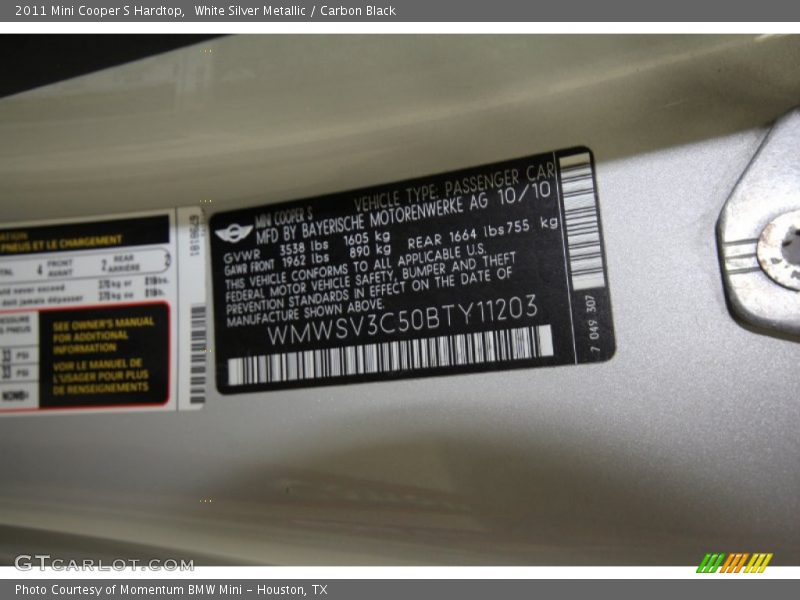White Silver Metallic / Carbon Black 2011 Mini Cooper S Hardtop