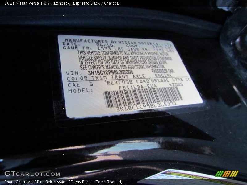 2011 Versa 1.8 S Hatchback Espresso Black Color Code CAE