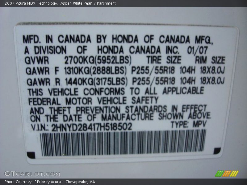 Aspen White Pearl / Parchment 2007 Acura MDX Technology