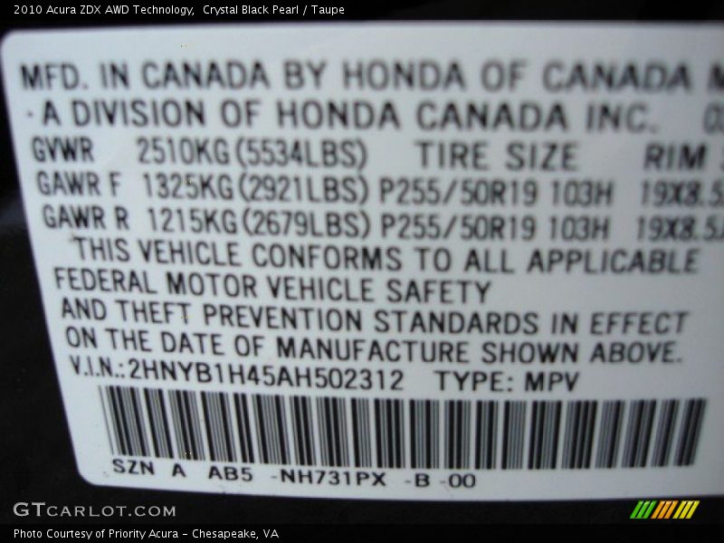 Crystal Black Pearl / Taupe 2010 Acura ZDX AWD Technology