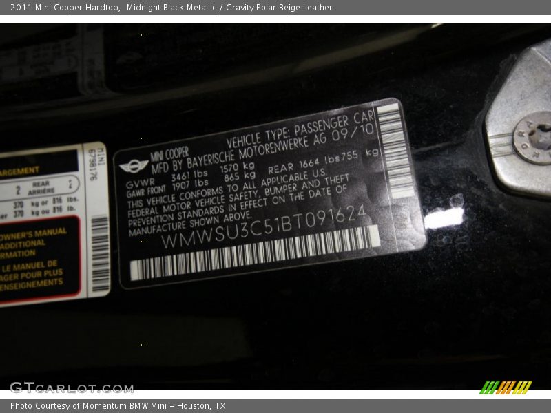 Midnight Black Metallic / Gravity Polar Beige Leather 2011 Mini Cooper Hardtop
