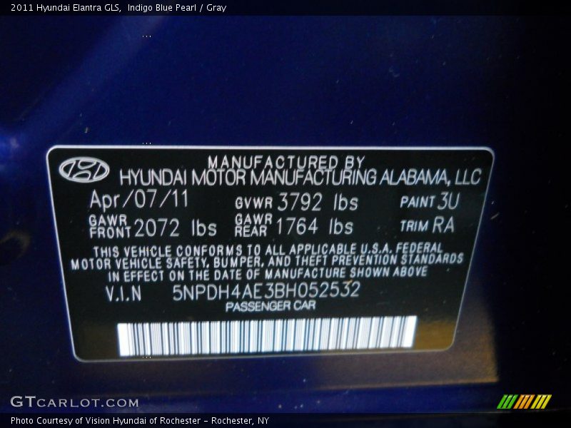Indigo Blue Pearl / Gray 2011 Hyundai Elantra GLS