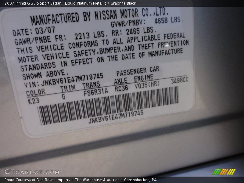 Liquid Platinum Metallic / Graphite Black 2007 Infiniti G 35 S Sport Sedan