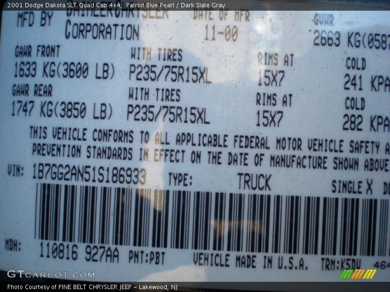 Patriot Blue Pearl / Dark Slate Gray 2001 Dodge Dakota SLT Quad Cab 4x4