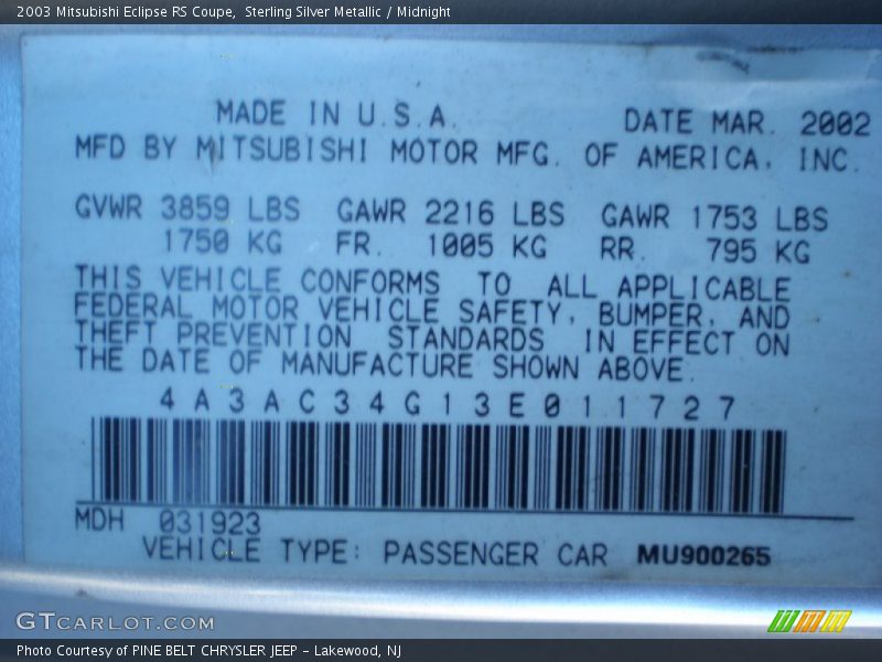 Sterling Silver Metallic / Midnight 2003 Mitsubishi Eclipse RS Coupe