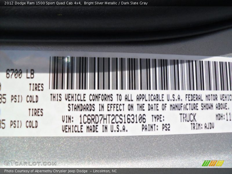 Bright Silver Metallic / Dark Slate Gray 2012 Dodge Ram 1500 Sport Quad Cab 4x4