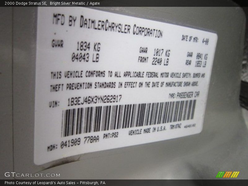 Bright Silver Metallic / Agate 2000 Dodge Stratus SE