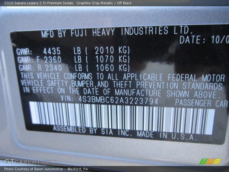 Graphite Gray Metallic / Off Black 2010 Subaru Legacy 2.5i Premium Sedan