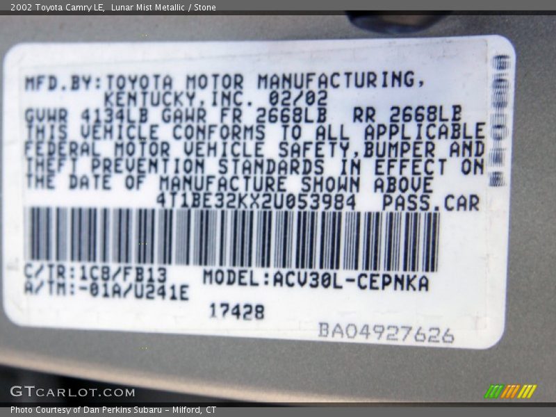 2002 Camry LE Lunar Mist Metallic Color Code 1C8