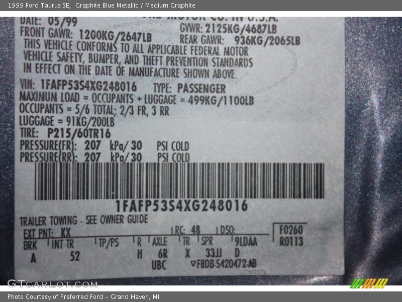 Graphite Blue Metallic / Medium Graphite 1999 Ford Taurus SE