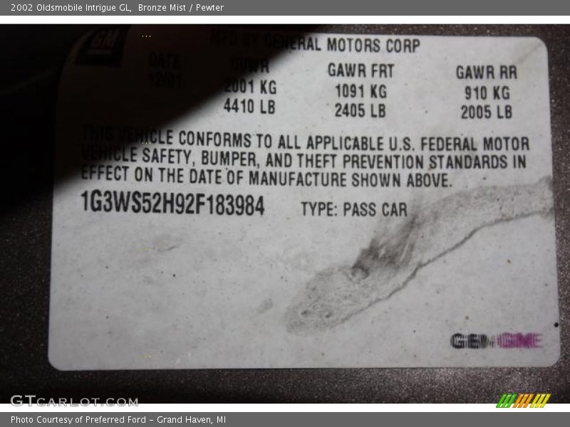 Bronze Mist / Pewter 2002 Oldsmobile Intrigue GL