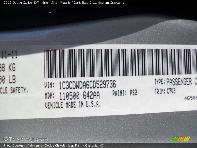 Bright Silver Metallic / Dark Slate Gray/Medium Graystone 2012 Dodge Caliber SXT