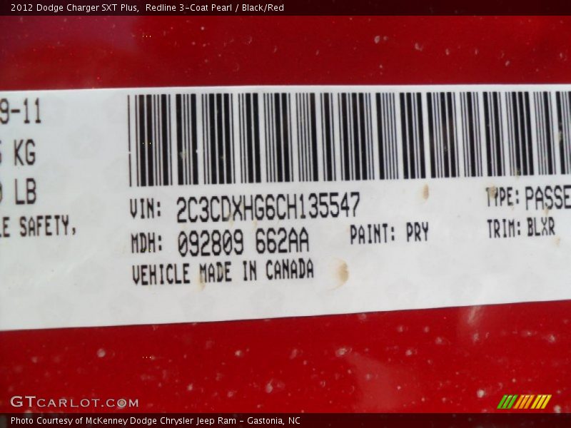 Redline 3-Coat Pearl / Black/Red 2012 Dodge Charger SXT Plus