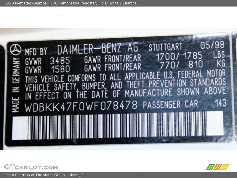 Polar White / Charcoal 1998 Mercedes-Benz SLK 230 Kompressor Roadster