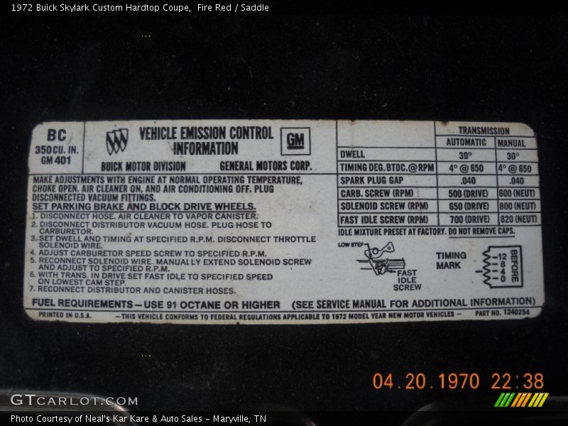 Info Tag of 1972 Skylark Custom Hardtop Coupe