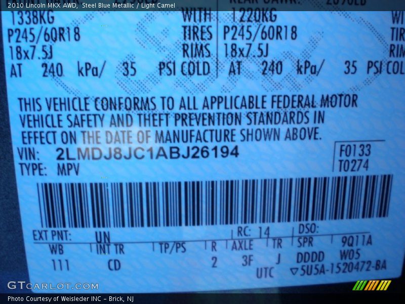 Steel Blue Metallic / Light Camel 2010 Lincoln MKX AWD