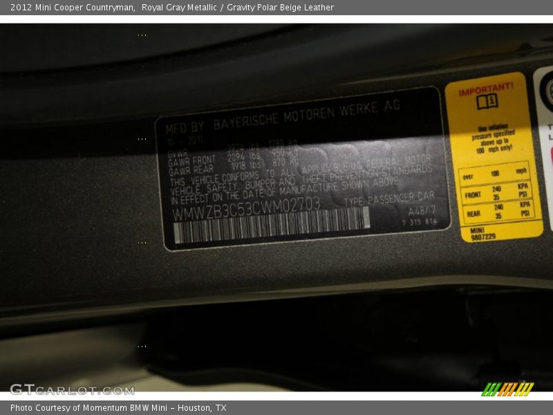 Royal Gray Metallic / Gravity Polar Beige Leather 2012 Mini Cooper Countryman