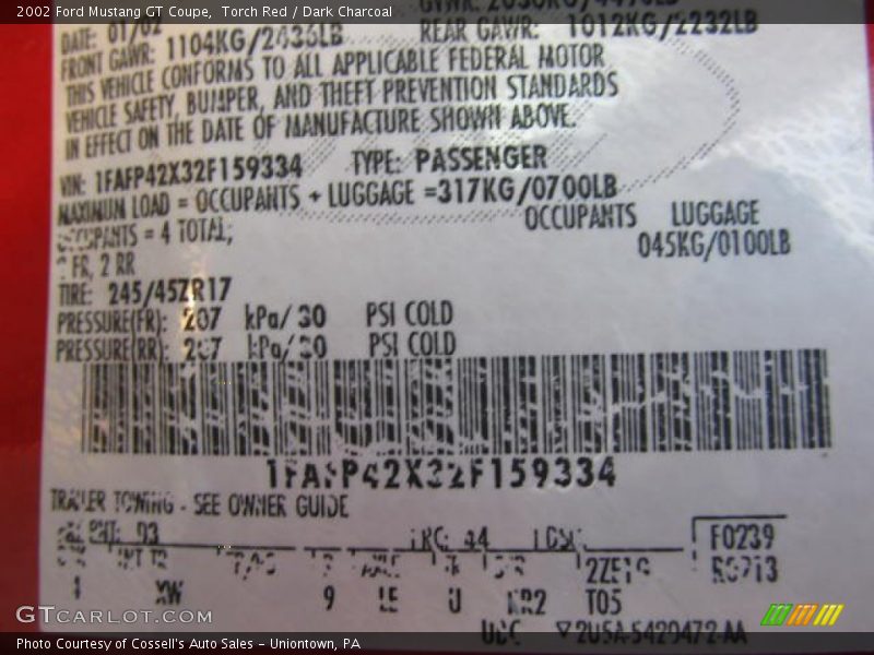 2002 Mustang GT Coupe Torch Red Color Code D3