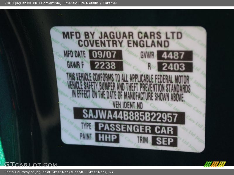 2008 XK XK8 Convertible Emerald Fire Metallic Color Code HHP