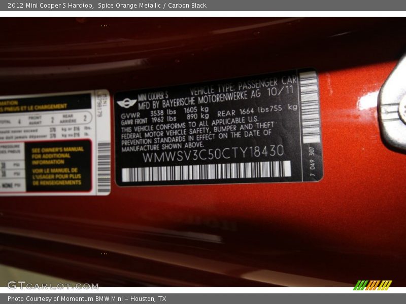Spice Orange Metallic / Carbon Black 2012 Mini Cooper S Hardtop