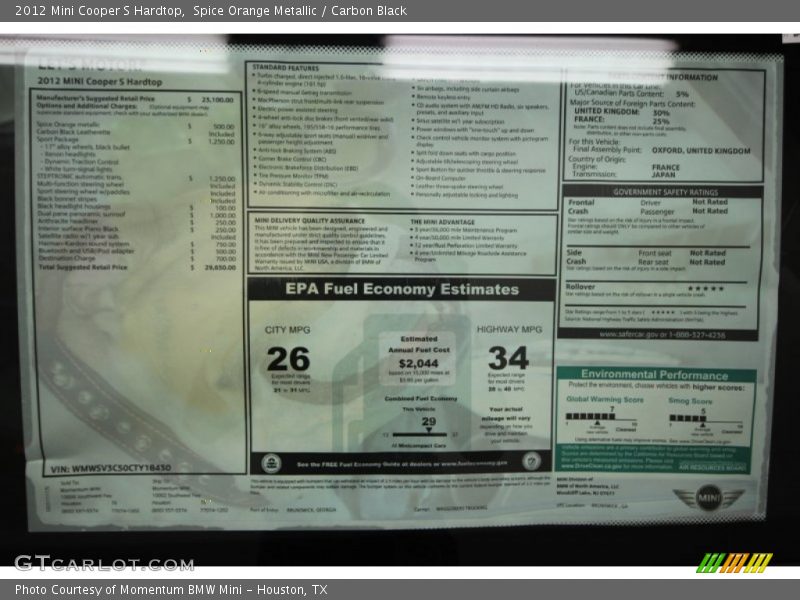  2012 Cooper S Hardtop Window Sticker