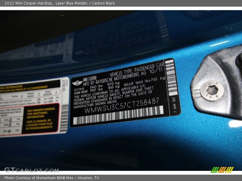 Info Tag of 2012 Cooper Hardtop