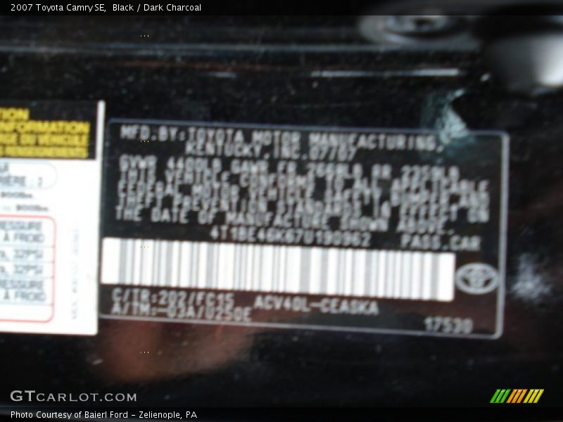 Black / Dark Charcoal 2007 Toyota Camry SE